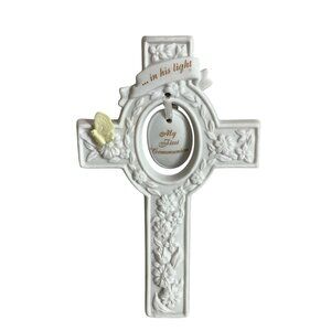 Vtg 1996 My First Communion Cross Wall Plaque Enesco Porcelain Floral Motif